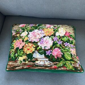 Vintage Needlepoint Floral Pillow Cozy Cottagecore 1960s Hand Stitched